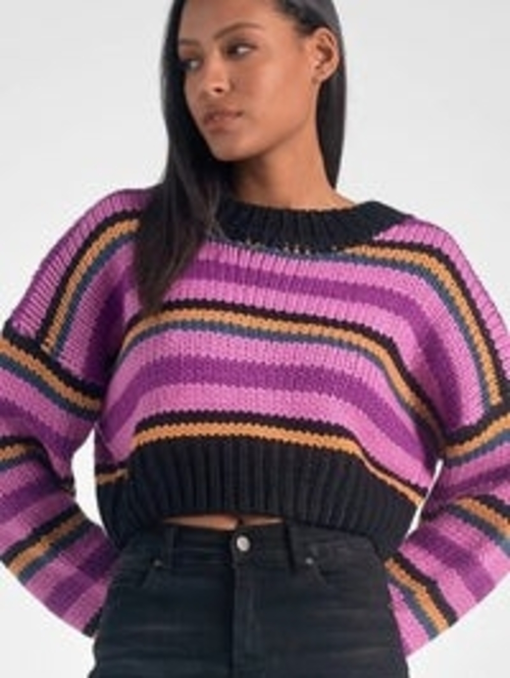 Elan Striped Purple and Black Cropped Chunky Knit Sweater